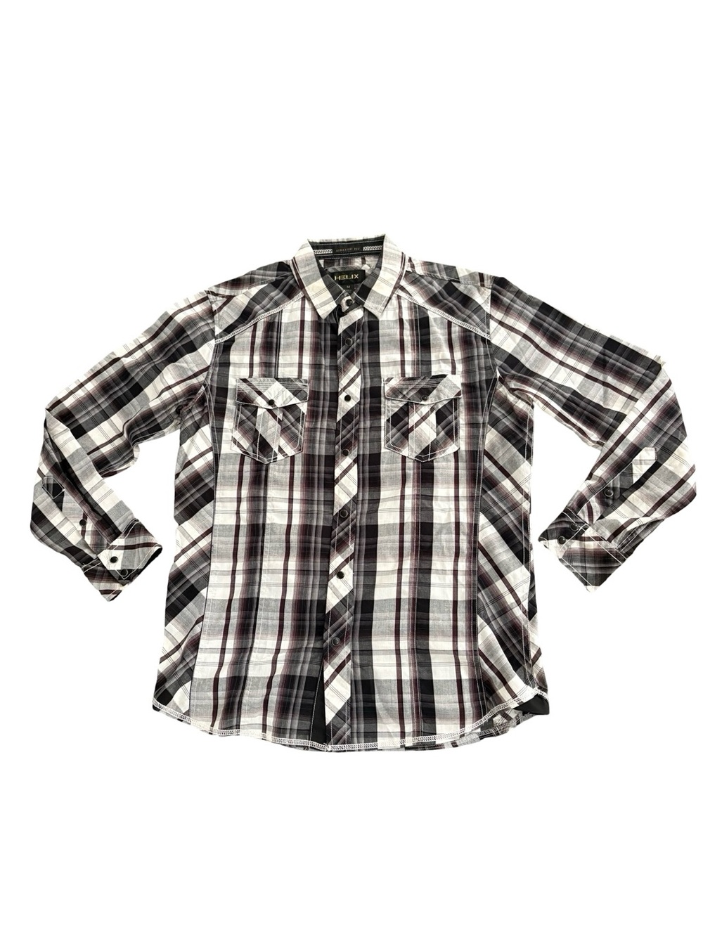 Western Helix Plaid Snap Button Shirt Men’s Size M Black Gray Burgundy
